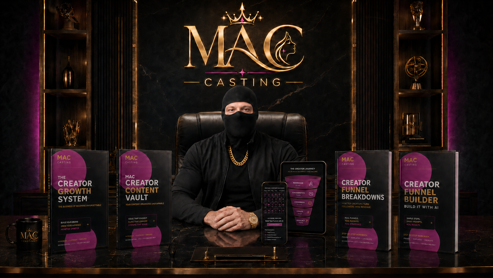 The masked founder of MAC Casting seated behind a desk with the creator growth products