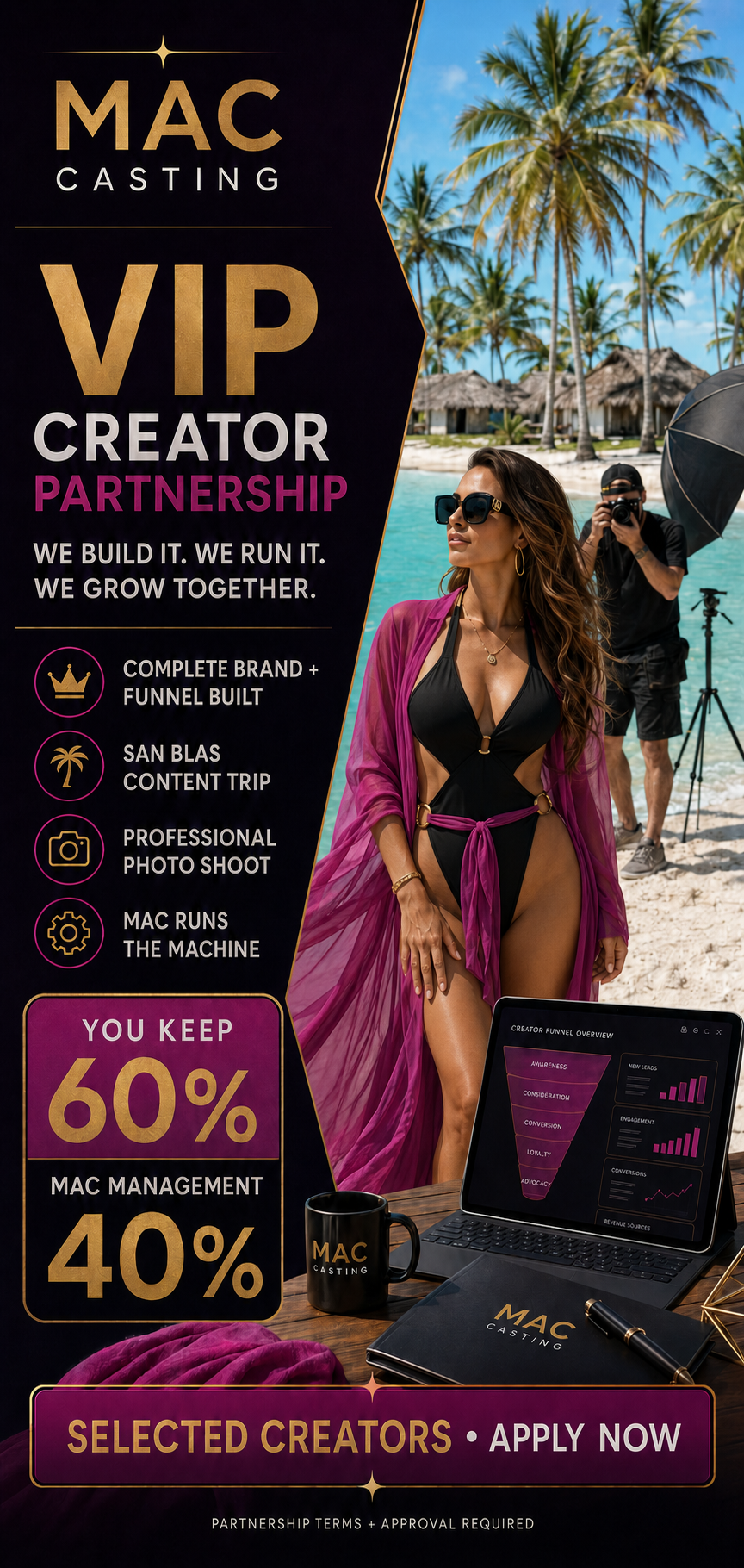 VIP Creator Partnership program with a Panama content trip, professional photo shoot, and managed creator funnel